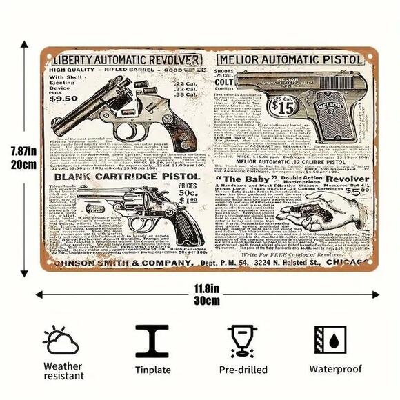 Tin Sign • Vintage Pistols • Liberty and Melior Automatics •The Baby Revolver - Picture 2 of 10
